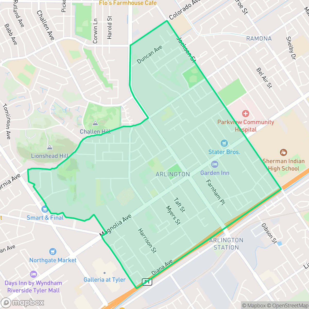 Map showing the location of Arlington, Riverside, CA