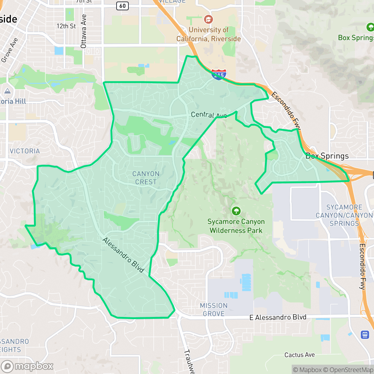 Map showing the location of Canyon Crest, Riverside, CA