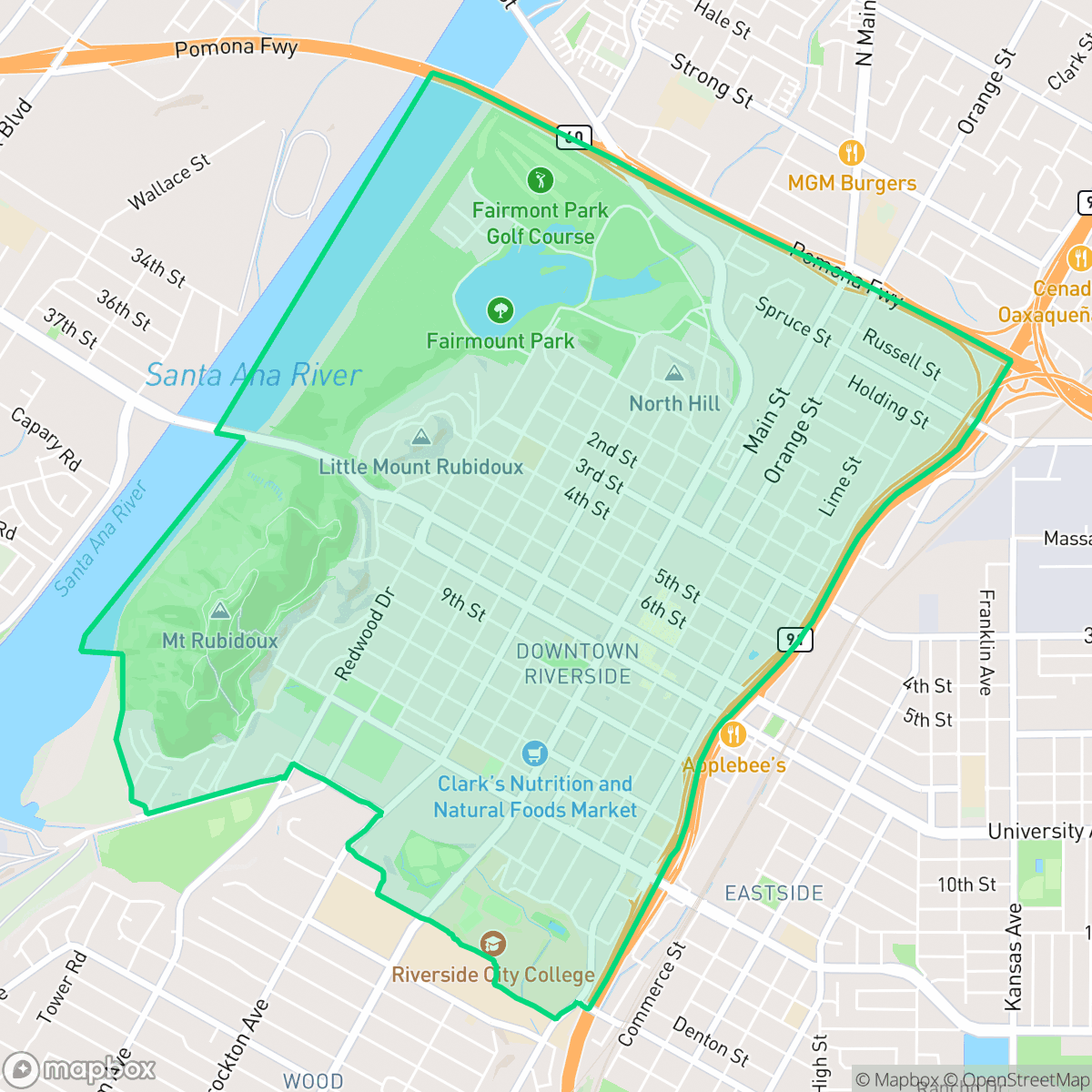 Map showing the location of Downtown, Riverside, CA