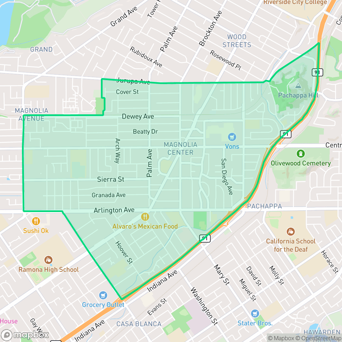 Map showing the location of Magnolia Center, Riverside, CA