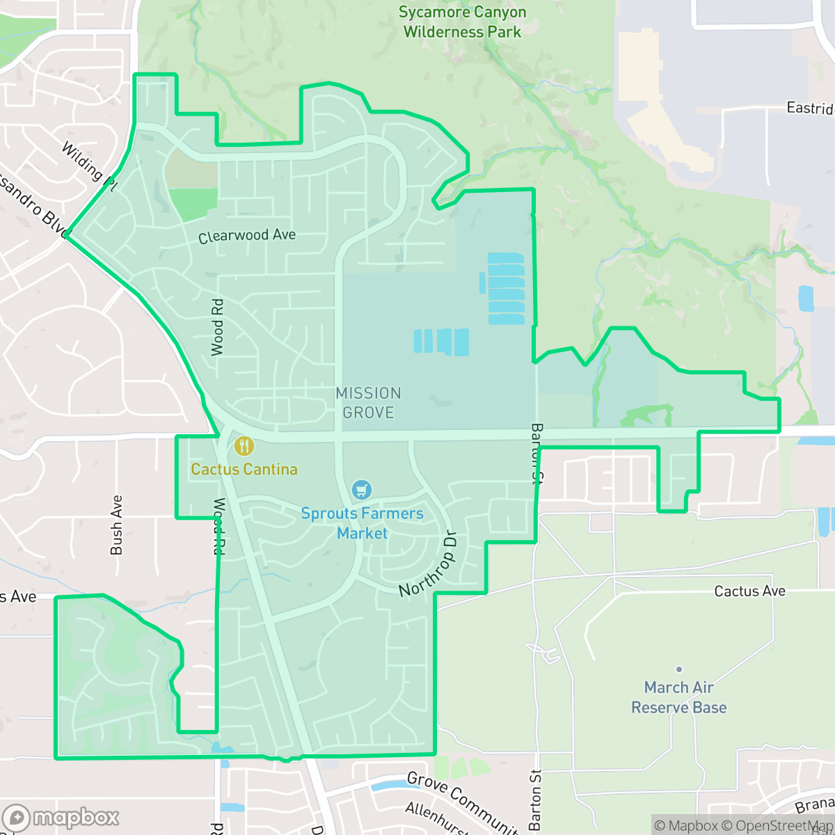 Map showing the location of Mission Grove, Riverside, CA