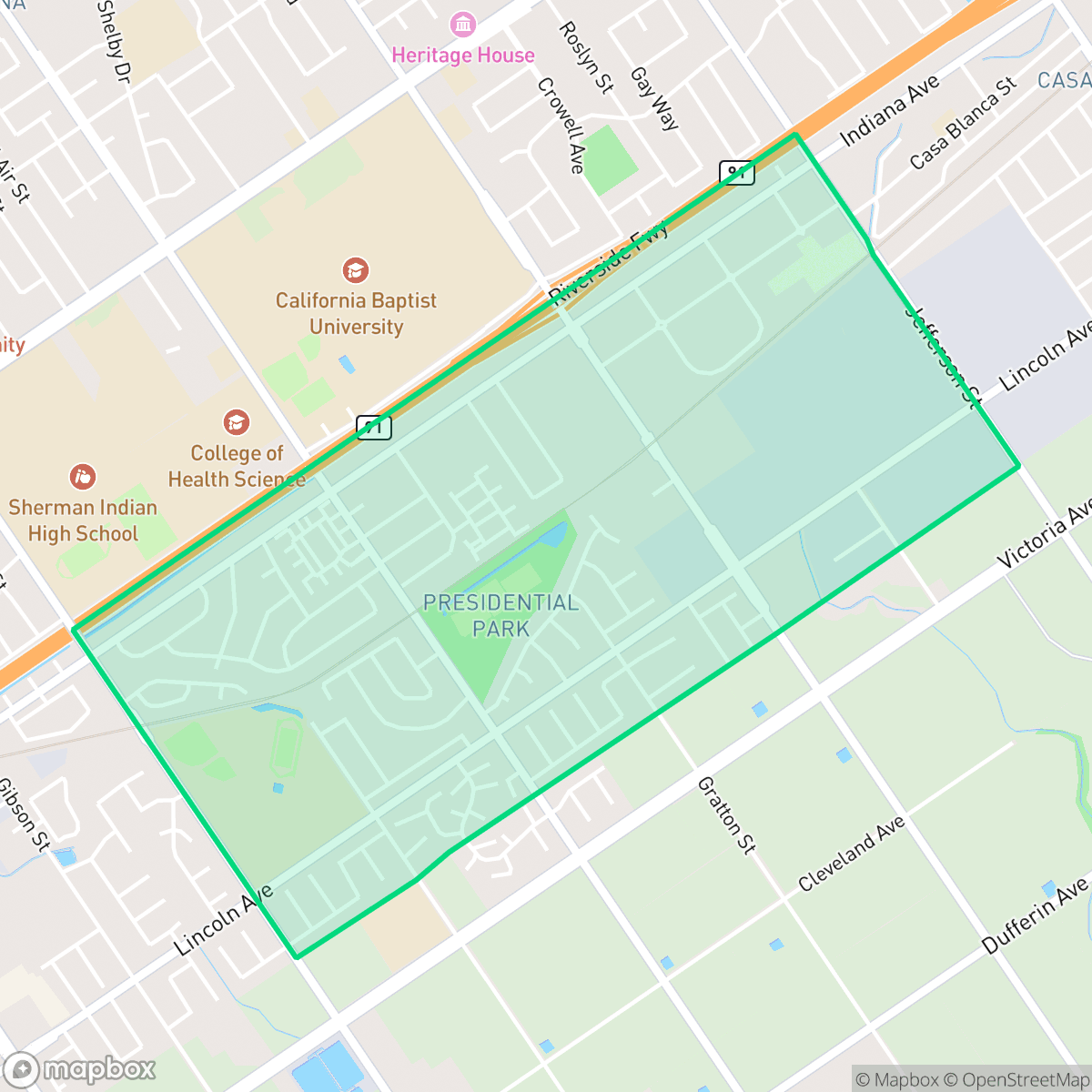 Map showing the location of Presidential Park, Riverside, CA