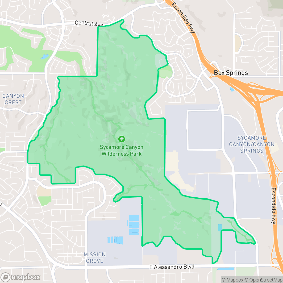 Map showing the location of Sycamore Canyon Park, Riverside, CA