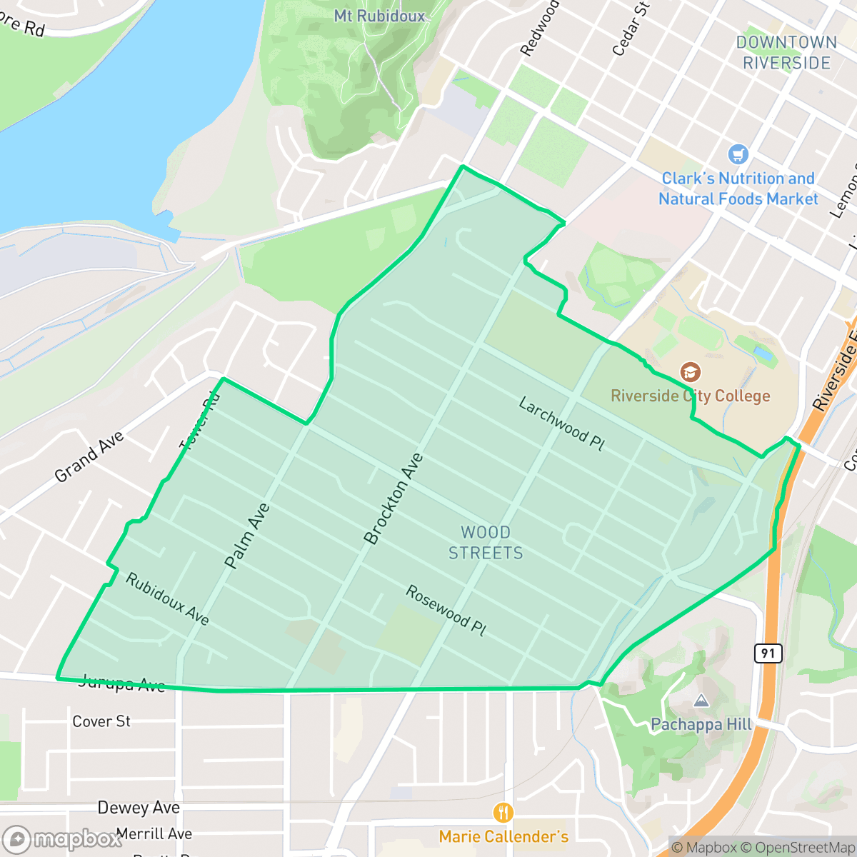 Map showing the location of Wood Streets, Riverside, CA