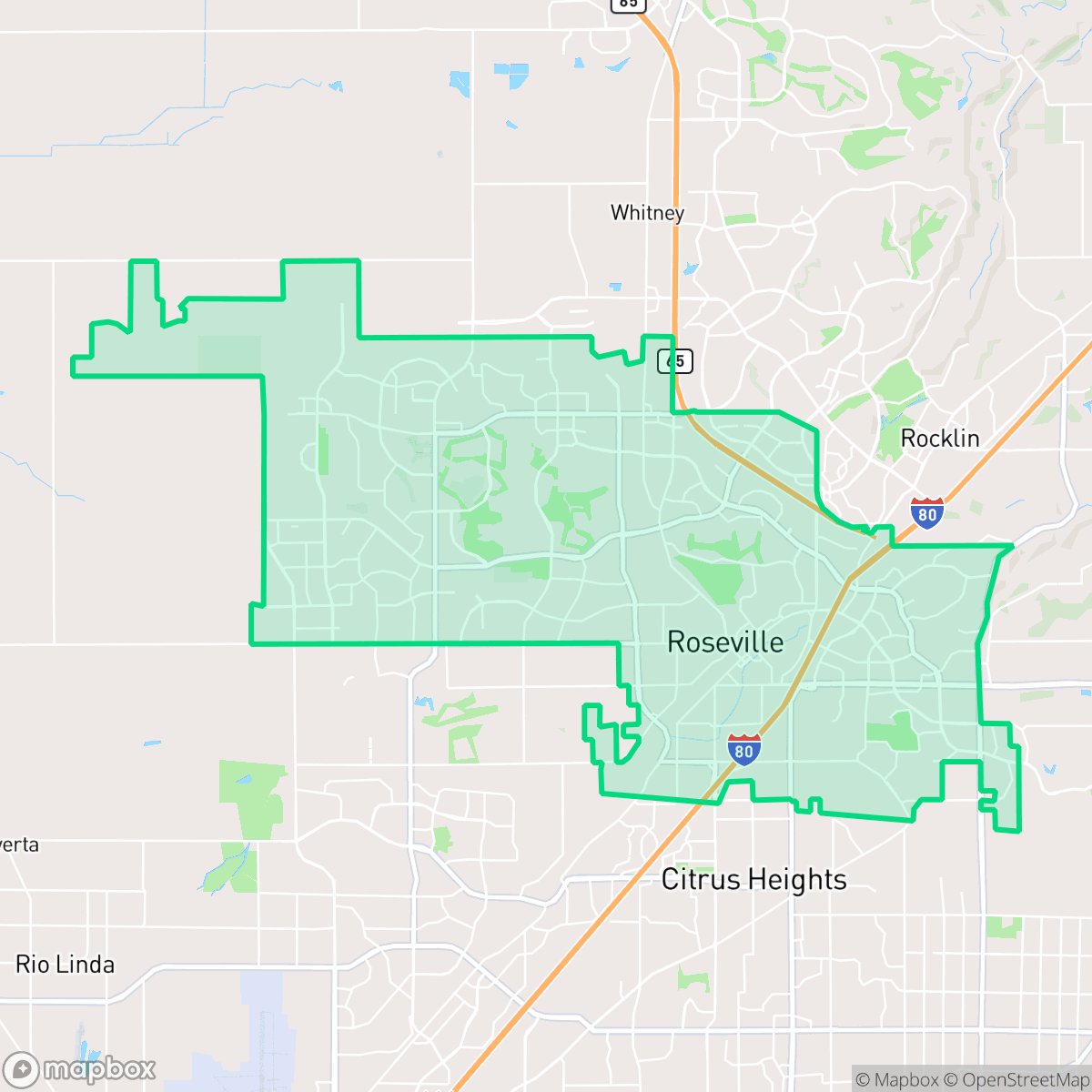 Map showing the location of Roseville, CA — coverage area