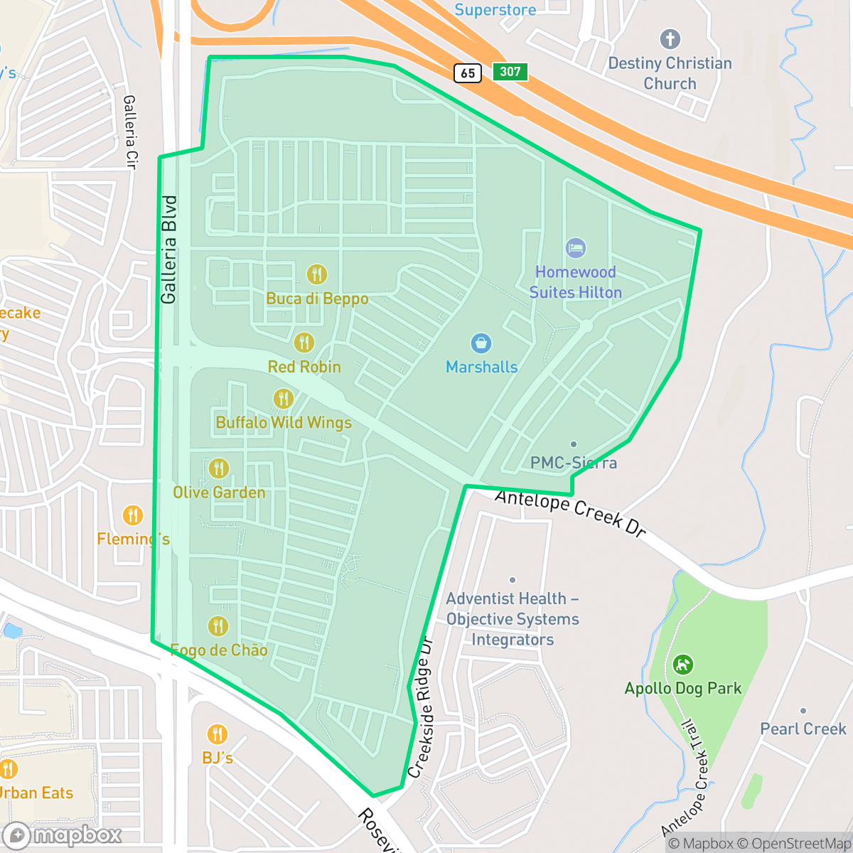 Map showing the location of Creekside, Roseville, CA