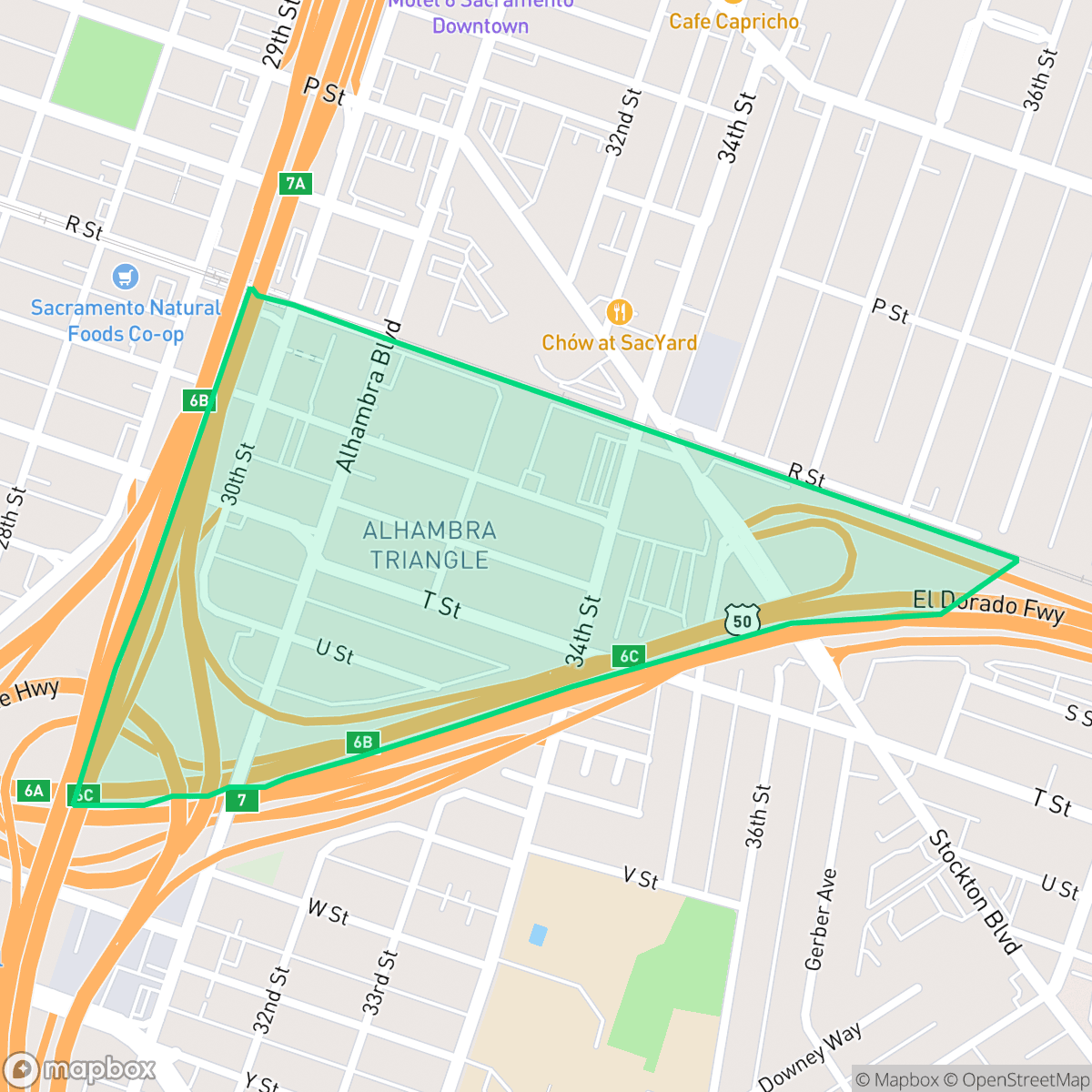 Map showing the location of Alhambra Triangle, Sacramento, CA