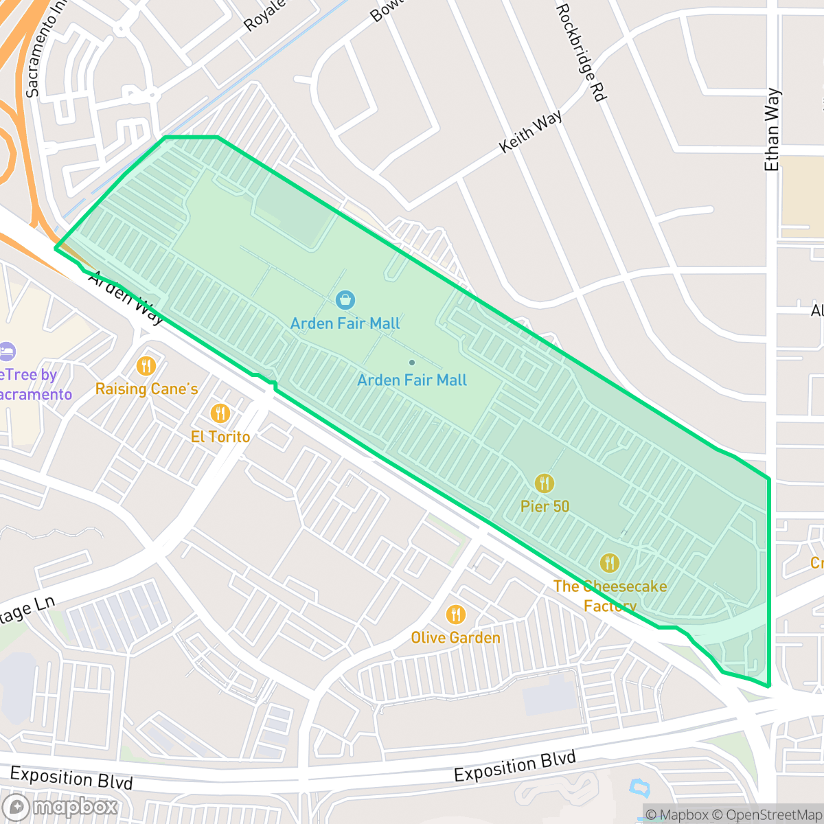 Map showing the location of Arden Fair, Sacramento, CA