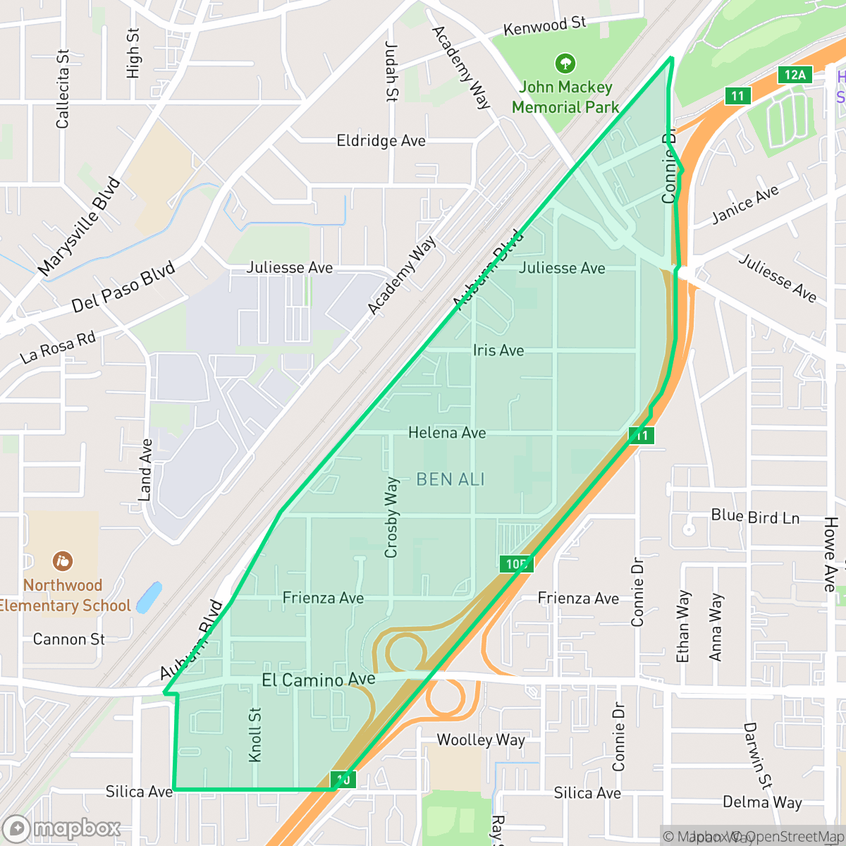 Map showing the location of Ben Ali, Sacramento, CA