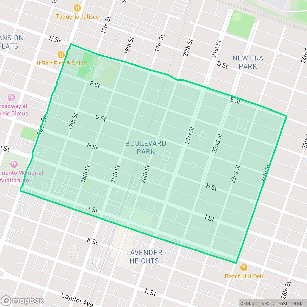Map showing the location of Boulevard Park, Sacramento, CA