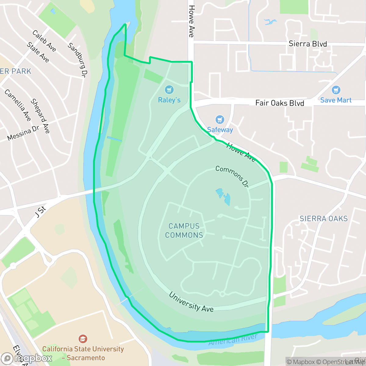 Map showing the location of Campus Commons, Sacramento, CA