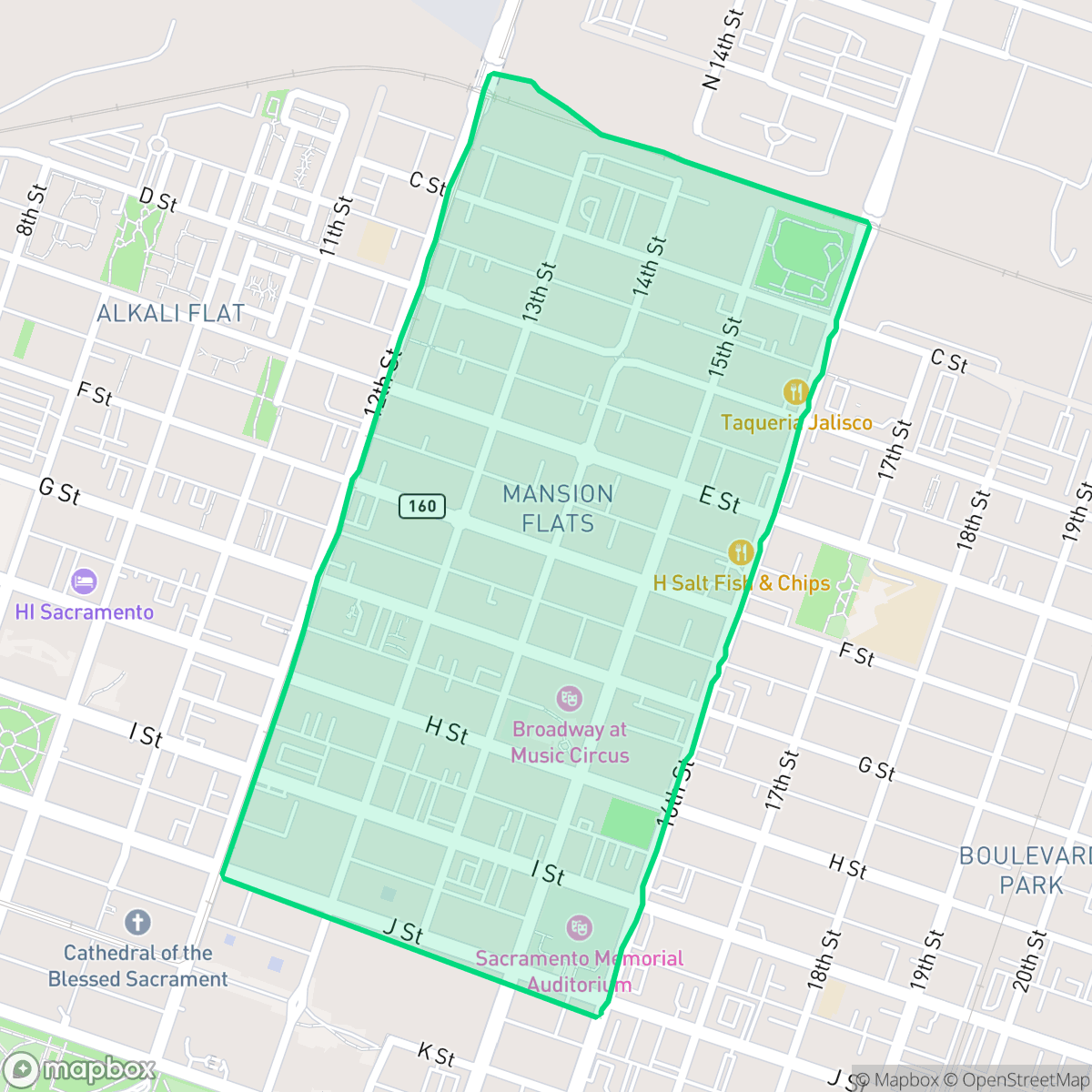 Map showing the location of Mansion Flats, Sacramento, CA