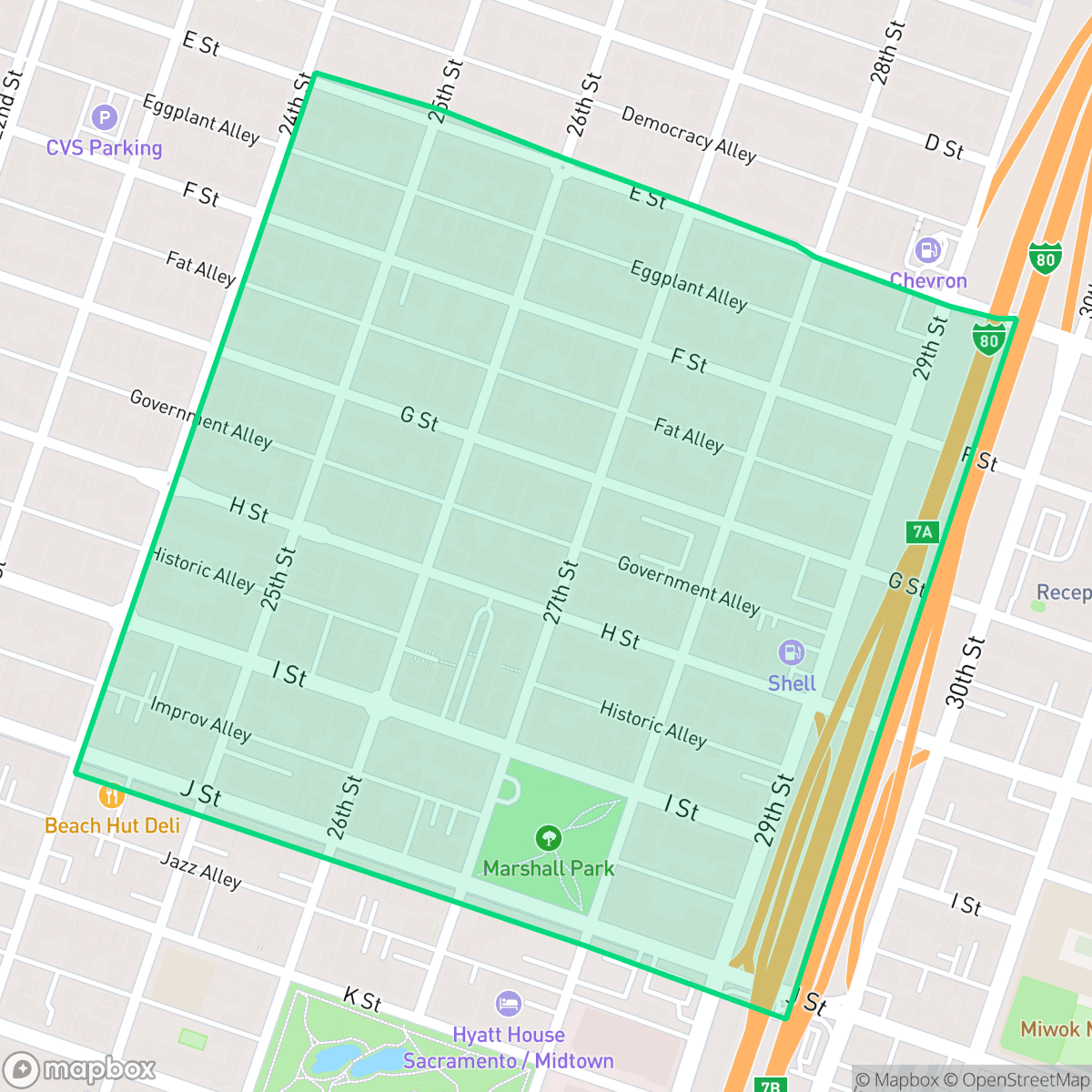 Map showing the location of Marshall School, Sacramento, CA