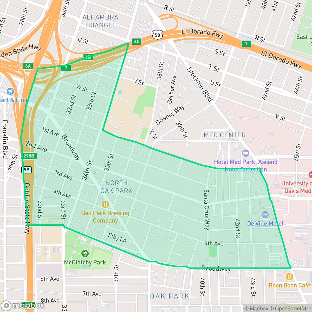 Map showing the location of North Oak Park, Sacramento, CA