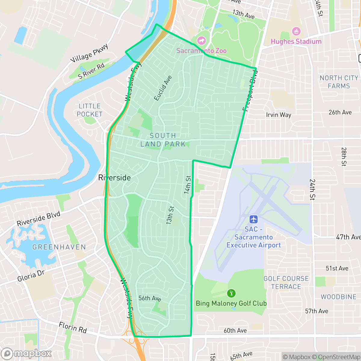 Map showing the location of South Land Park, Sacramento, CA