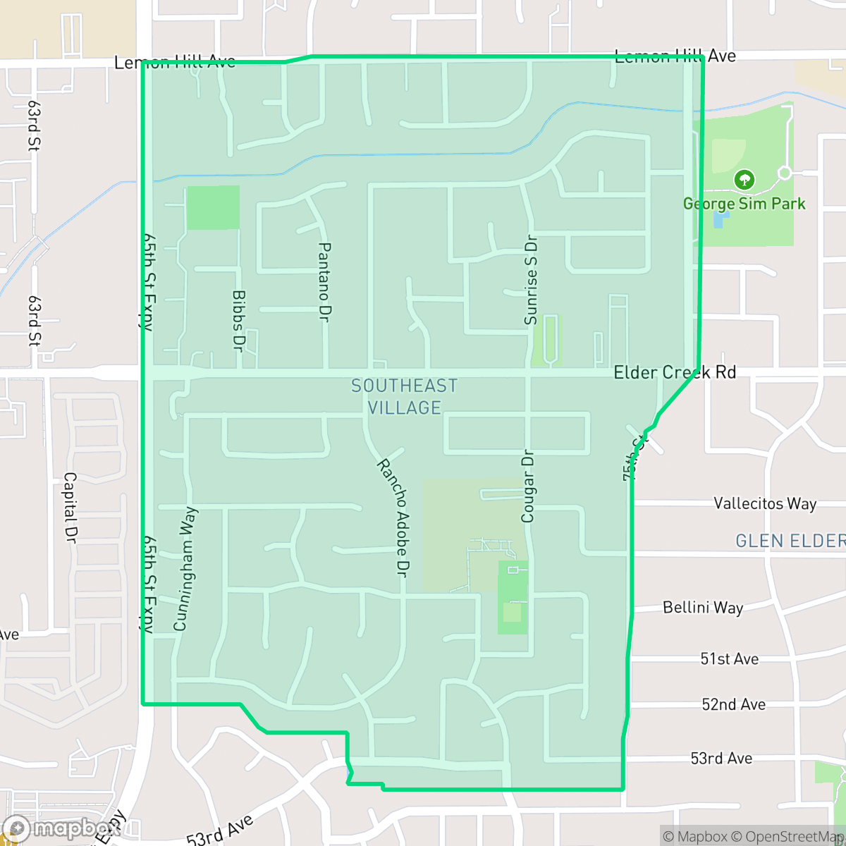 Map showing the location of Southeast Village, Sacramento, CA