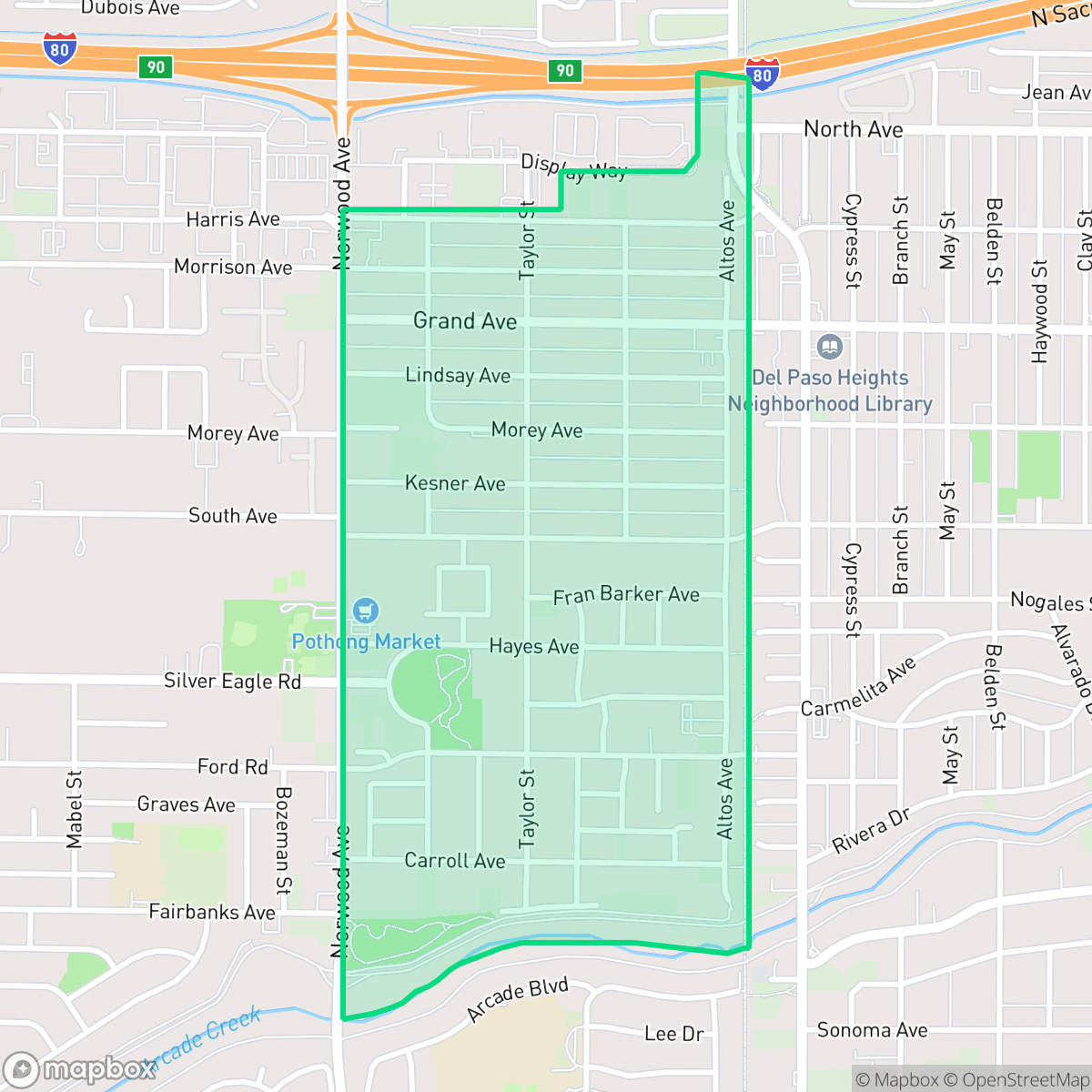 Map showing the location of West Del Paso Heights, Sacramento, CA