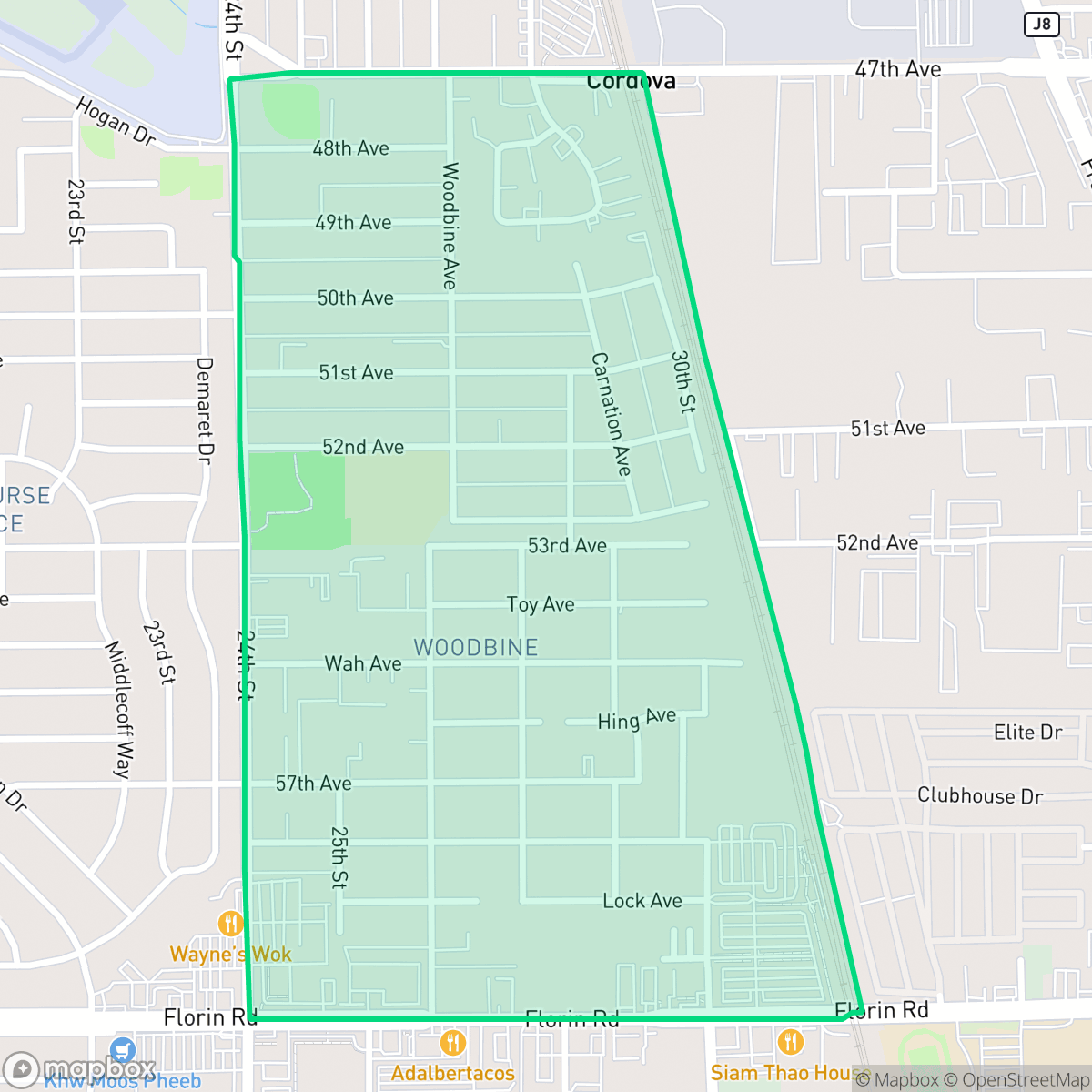 Map showing the location of Woodbine, Sacramento, CA