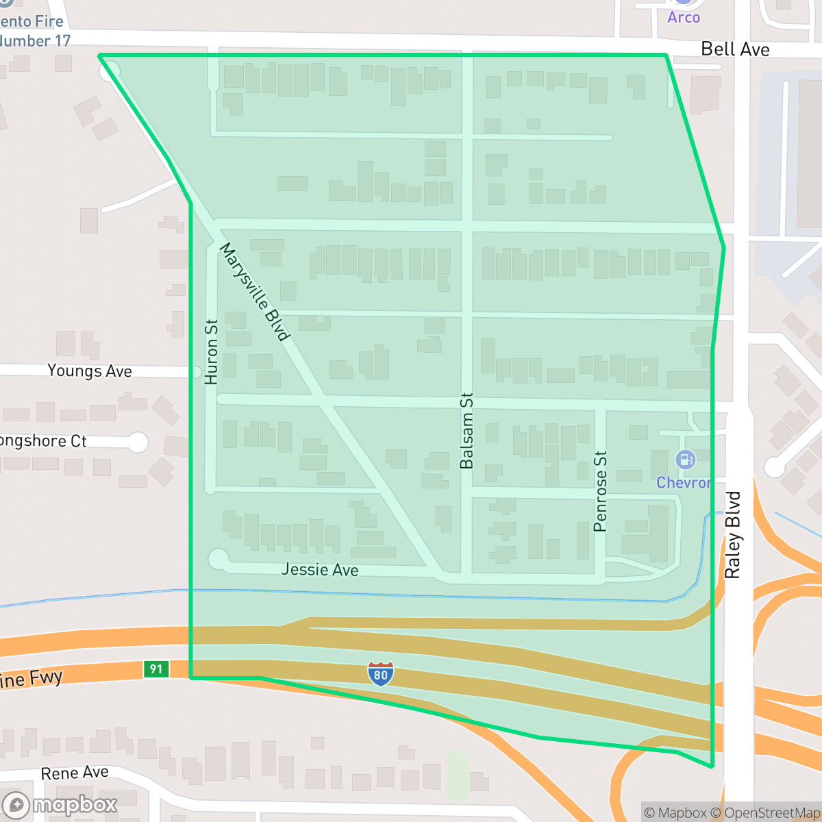 Map showing the location of Young Heights, Sacramento, CA