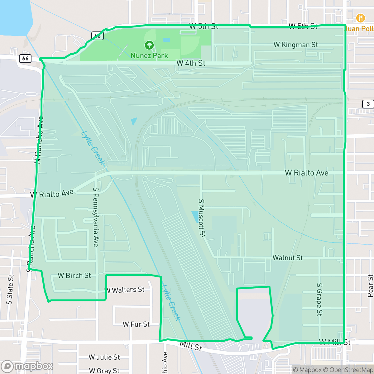Map showing the location of Amtrak, San Bernardino, CA