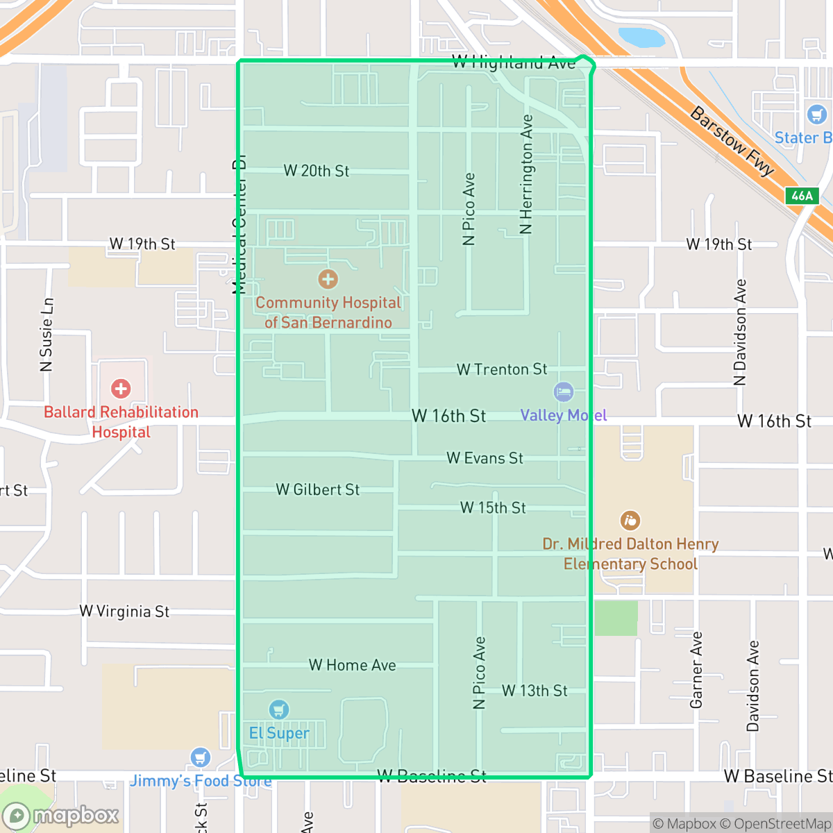 Map showing the location of Mount Vernon, San Bernardino, CA