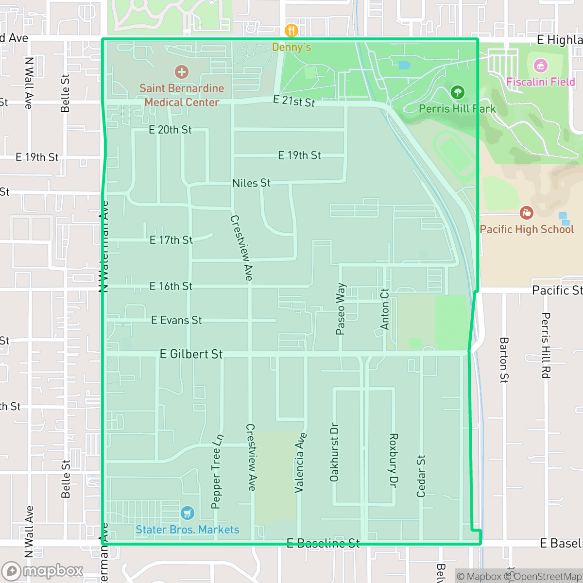 Map showing the location of Perris Hills, San Bernardino, CA