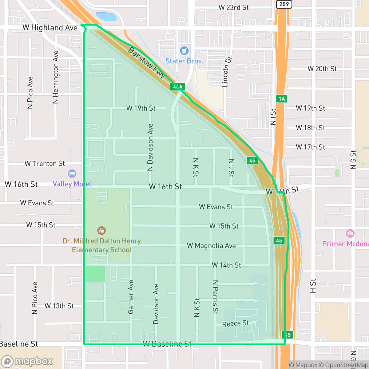 Map showing the location of Roosevelt, San Bernardino, CA