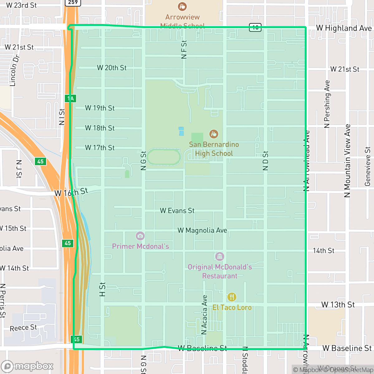 Map showing the location of SBHS, San Bernardino, CA