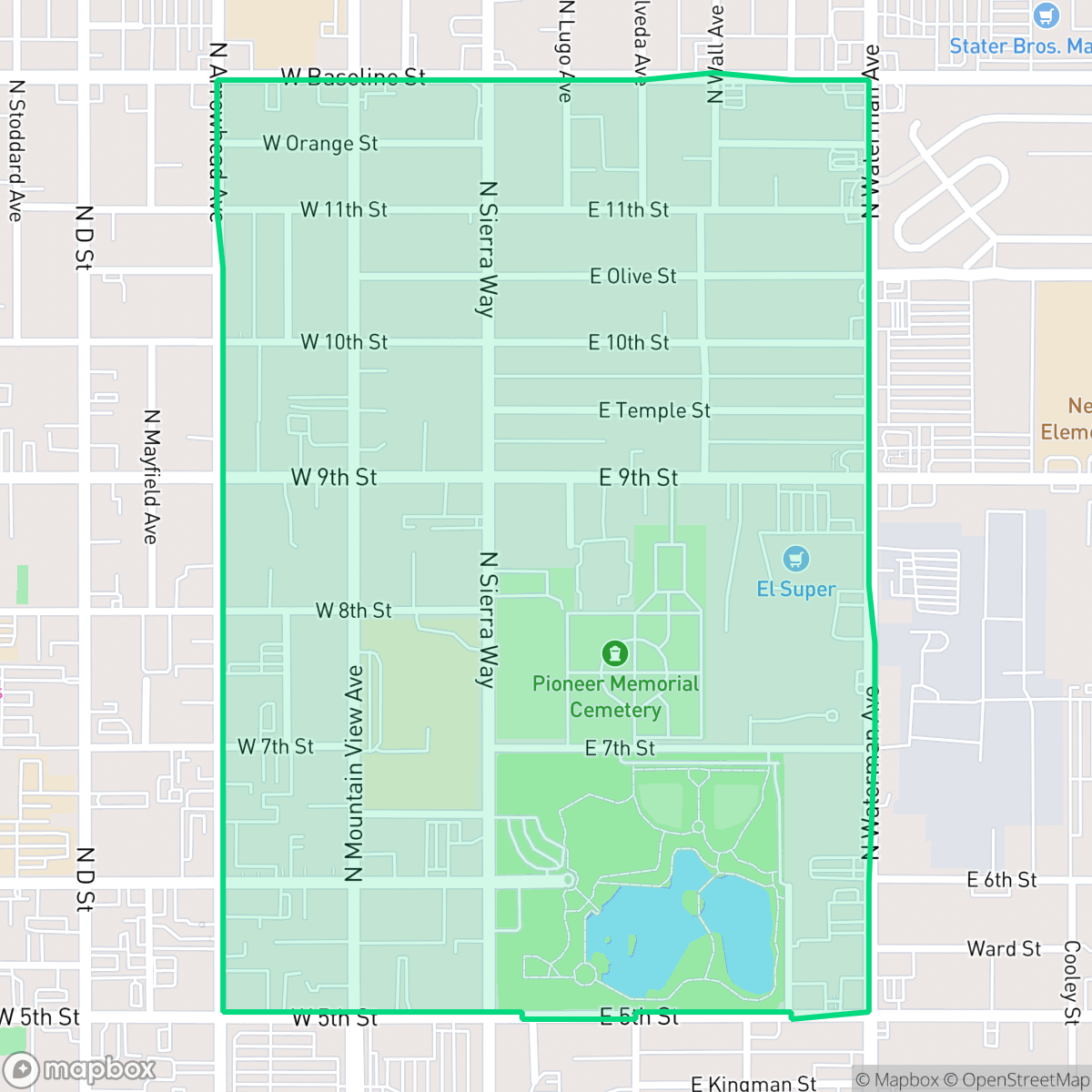 Map showing the location of Seccombe Lane, San Bernardino, CA