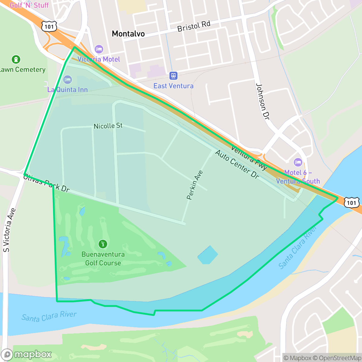 Map showing the location of North Bank, San Buenaventura (Ventura), CA
