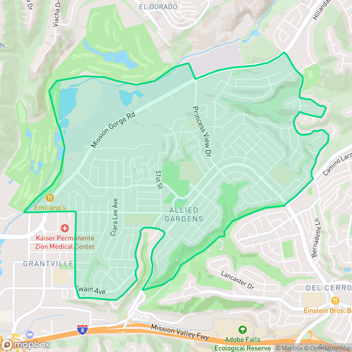 Map showing the location of Allied Gardens, San Diego, CA