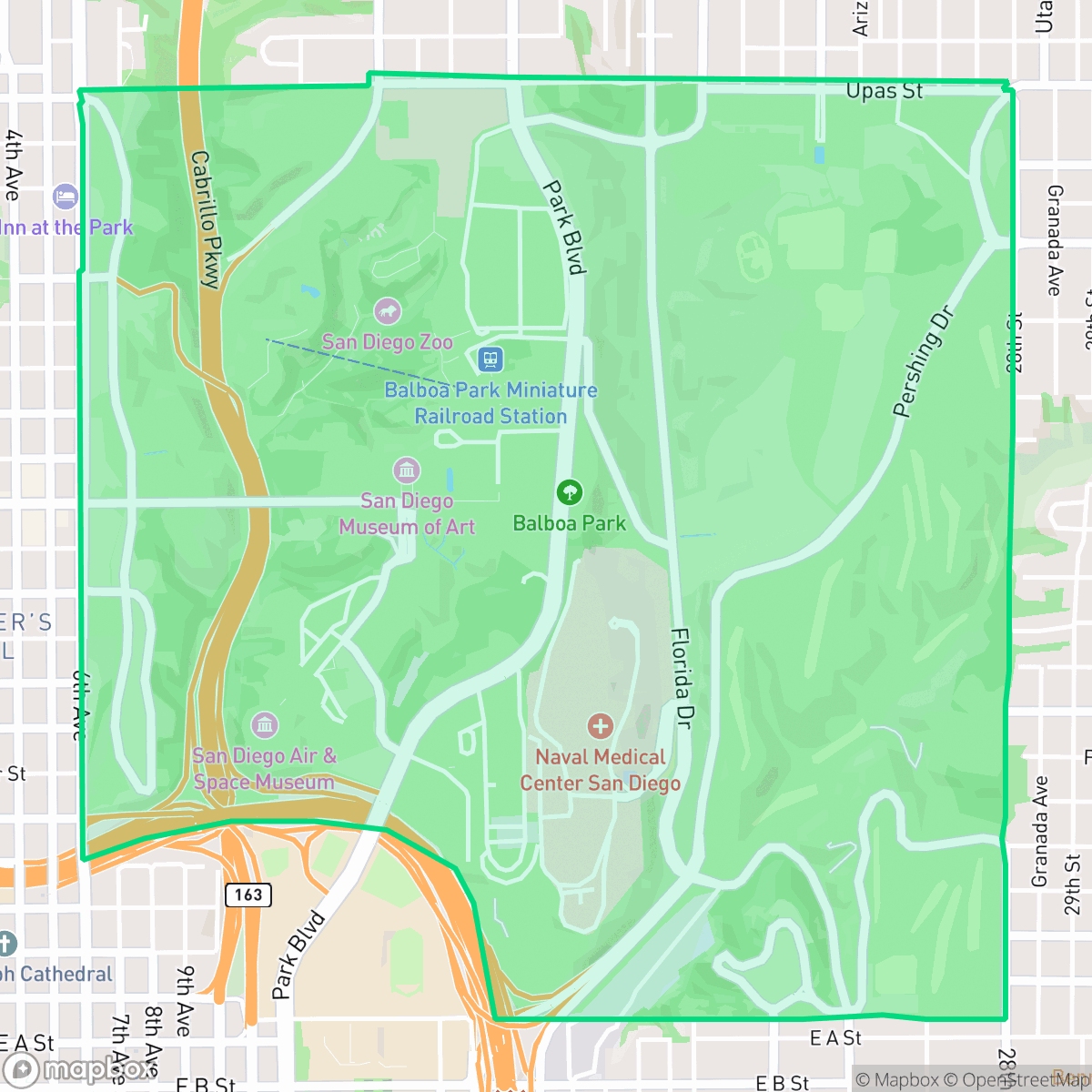 Map showing the location of Balboa Park, San Diego, CA