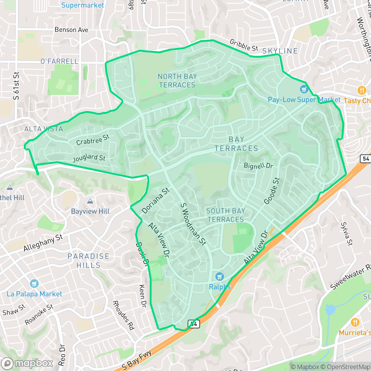 Map showing the location of Bay Terraces, San Diego, CA