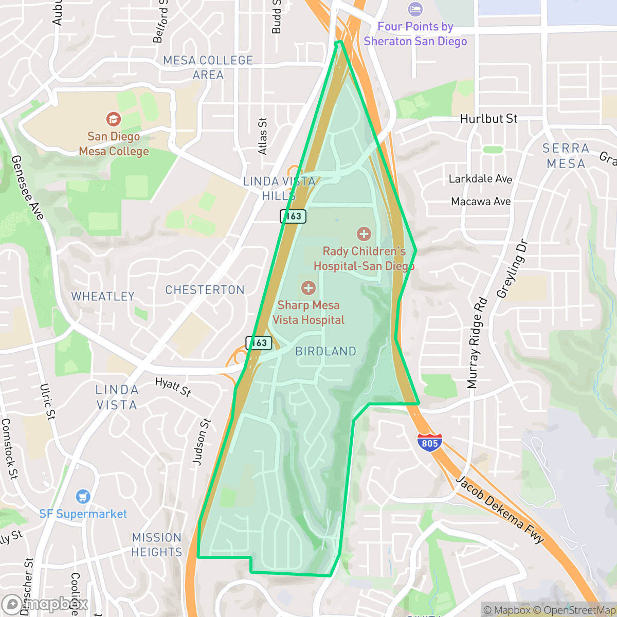 Map showing the location of Bird Land, San Diego, CA
