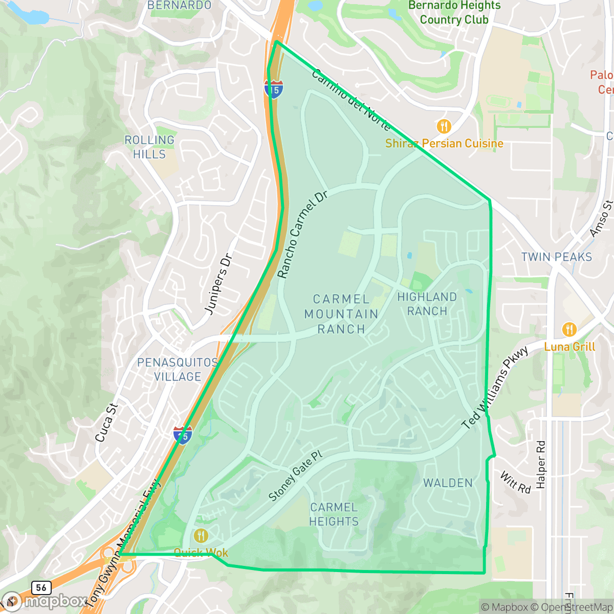 Map showing the location of Carmel Mountain, San Diego, CA