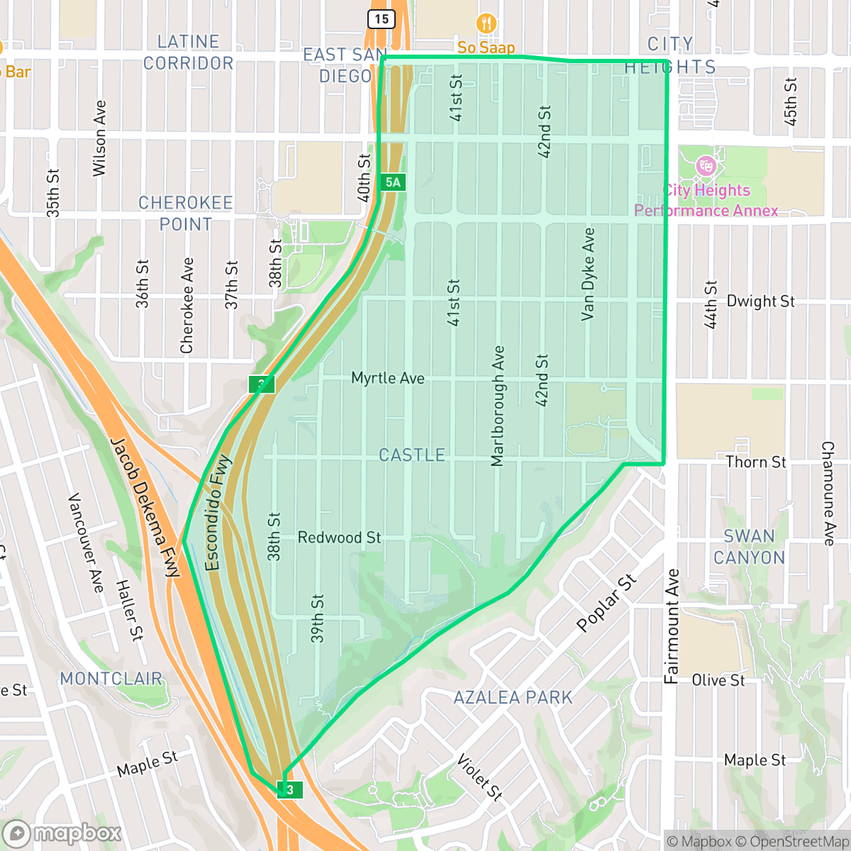 Map showing the location of Castle, San Diego, CA