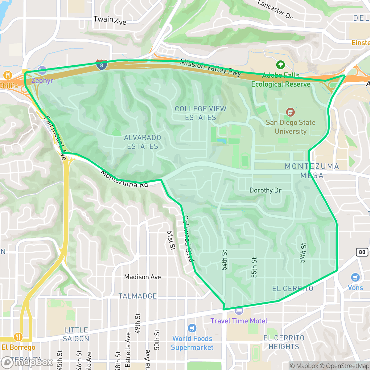 Map showing the location of College West, San Diego, CA