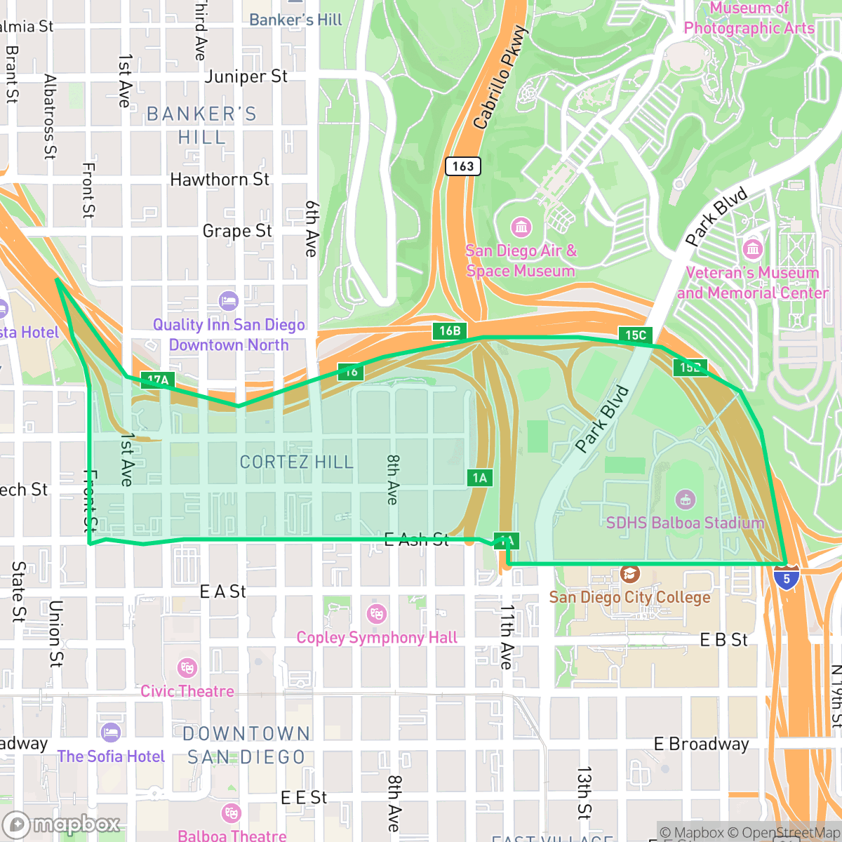 Map showing the location of Cortez Hill, San Diego, CA