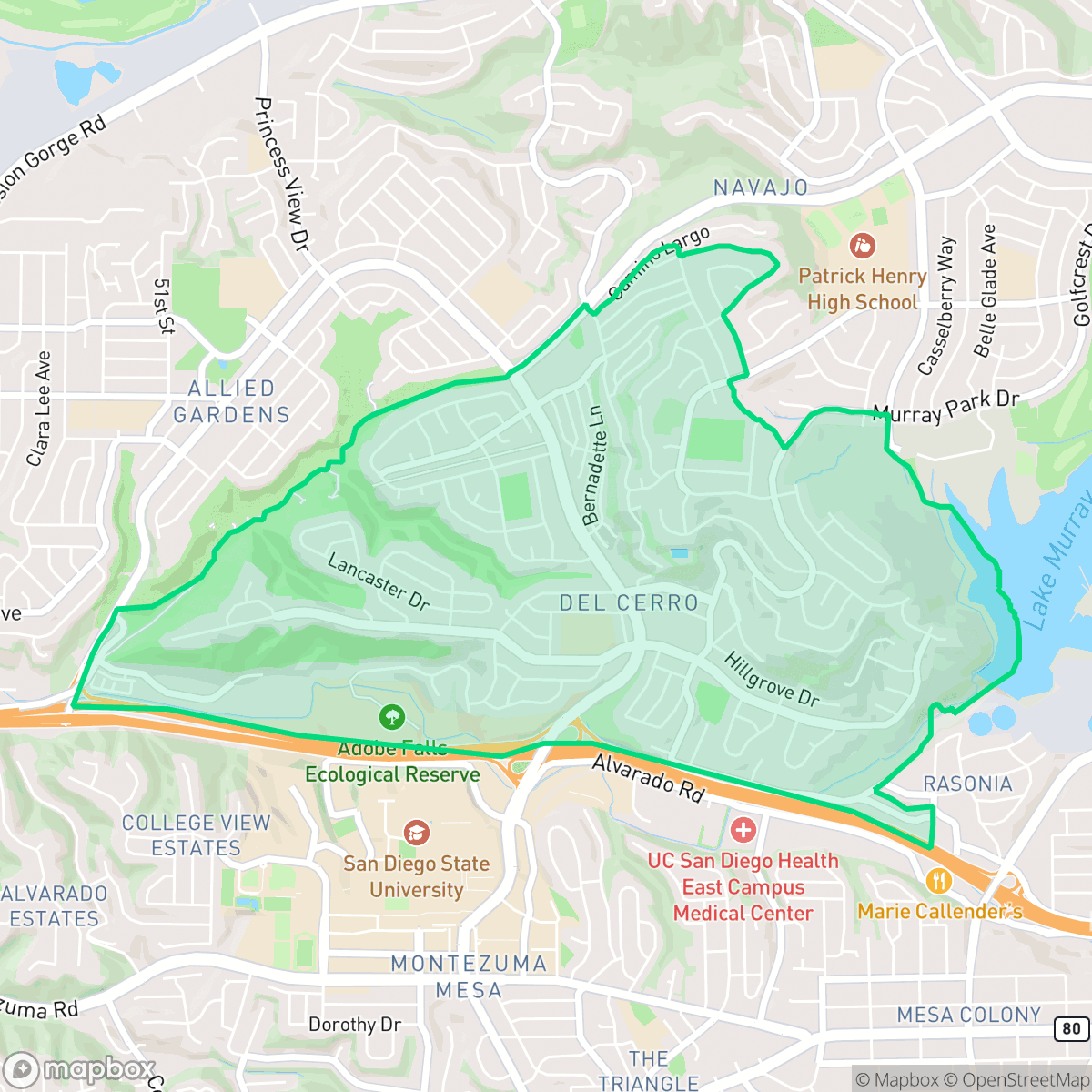 Map showing the location of Del Cerro, San Diego, CA