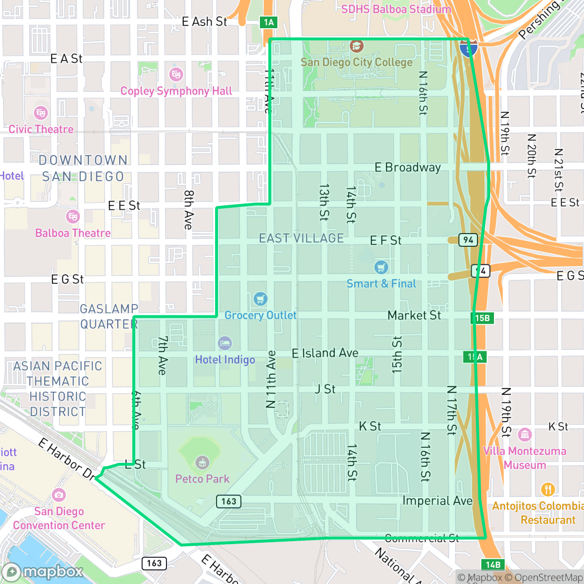 Map showing the location of East Village, San Diego, CA