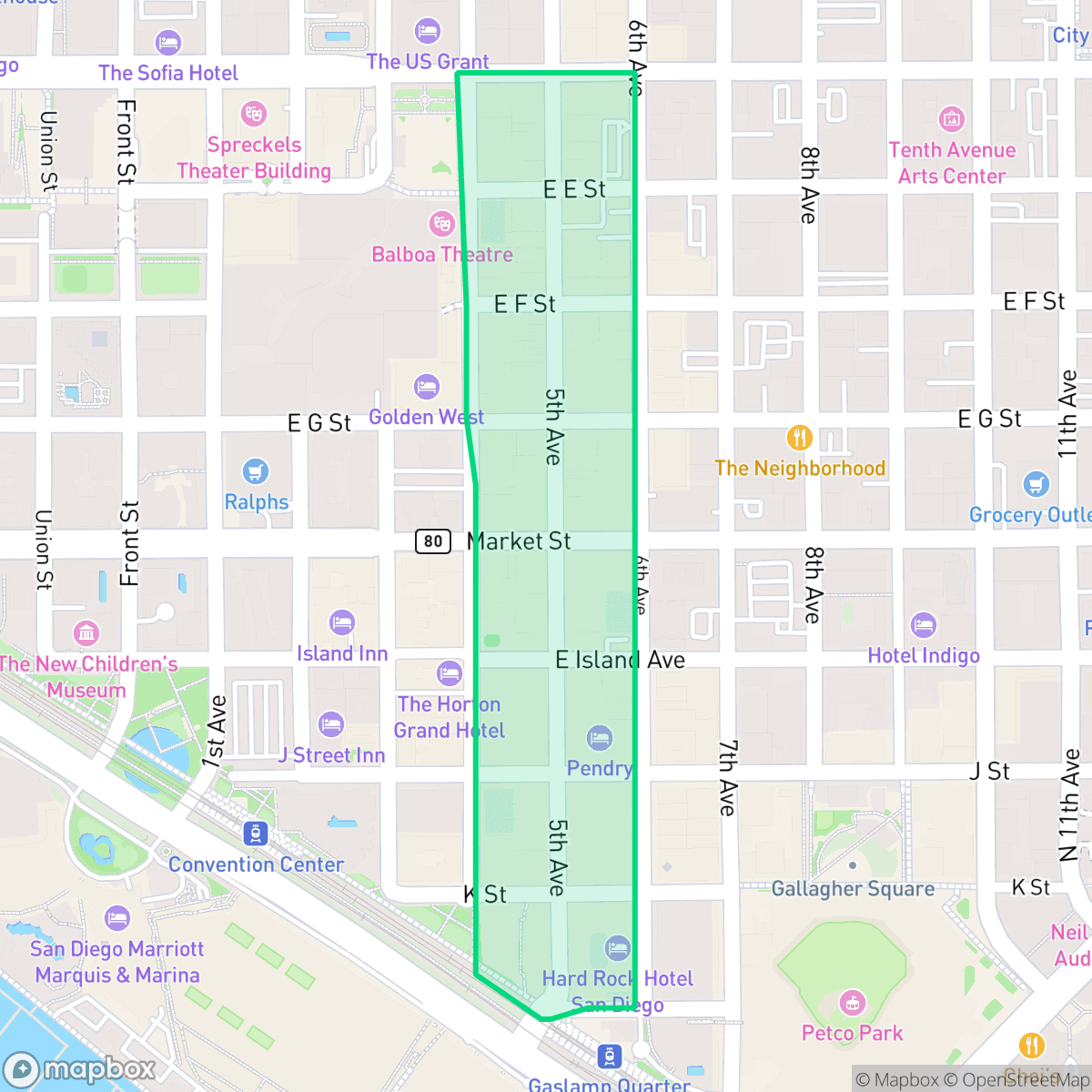 Map showing the location of Gaslamp Quarter, San Diego, CA