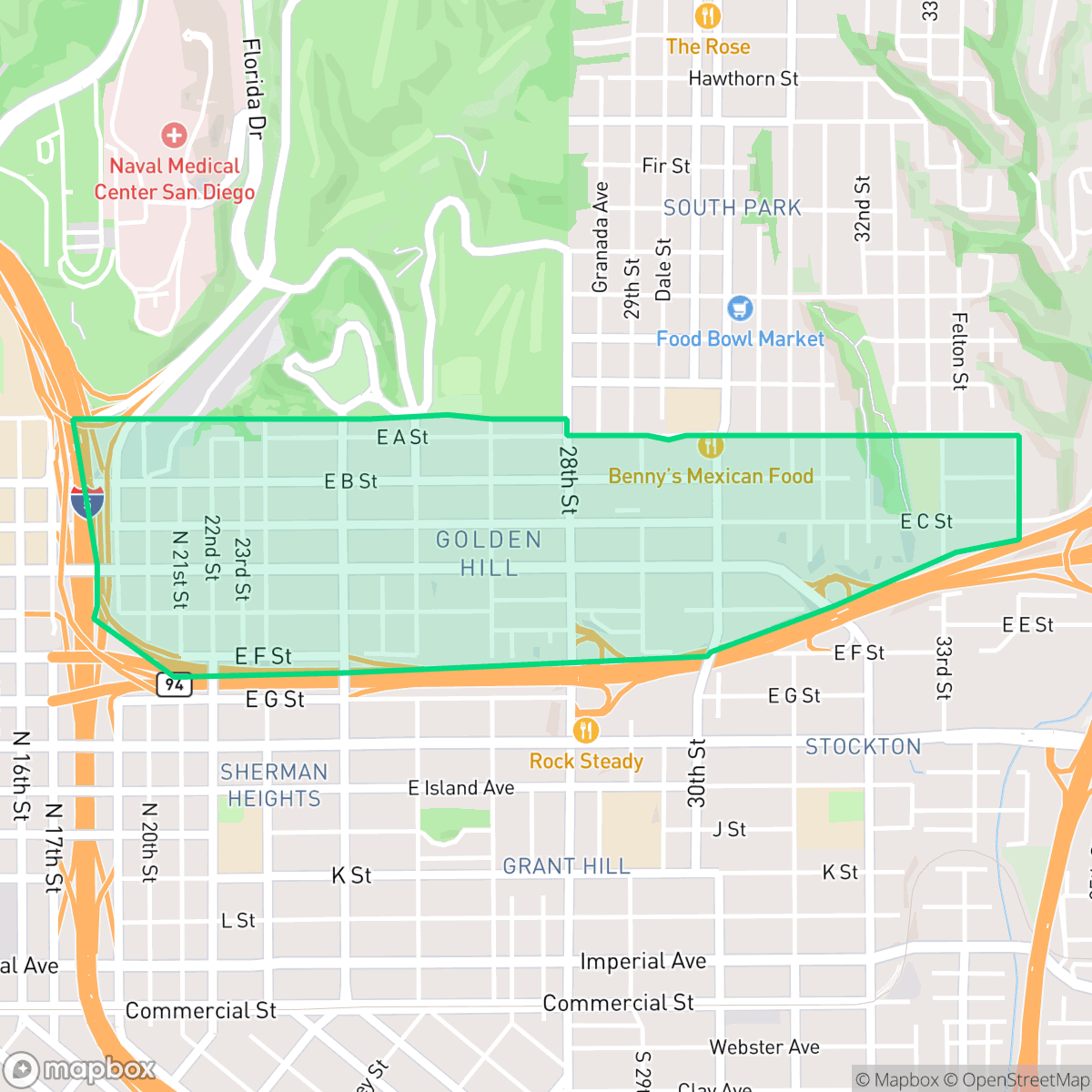 Map showing the location of Golden Hill, San Diego, CA