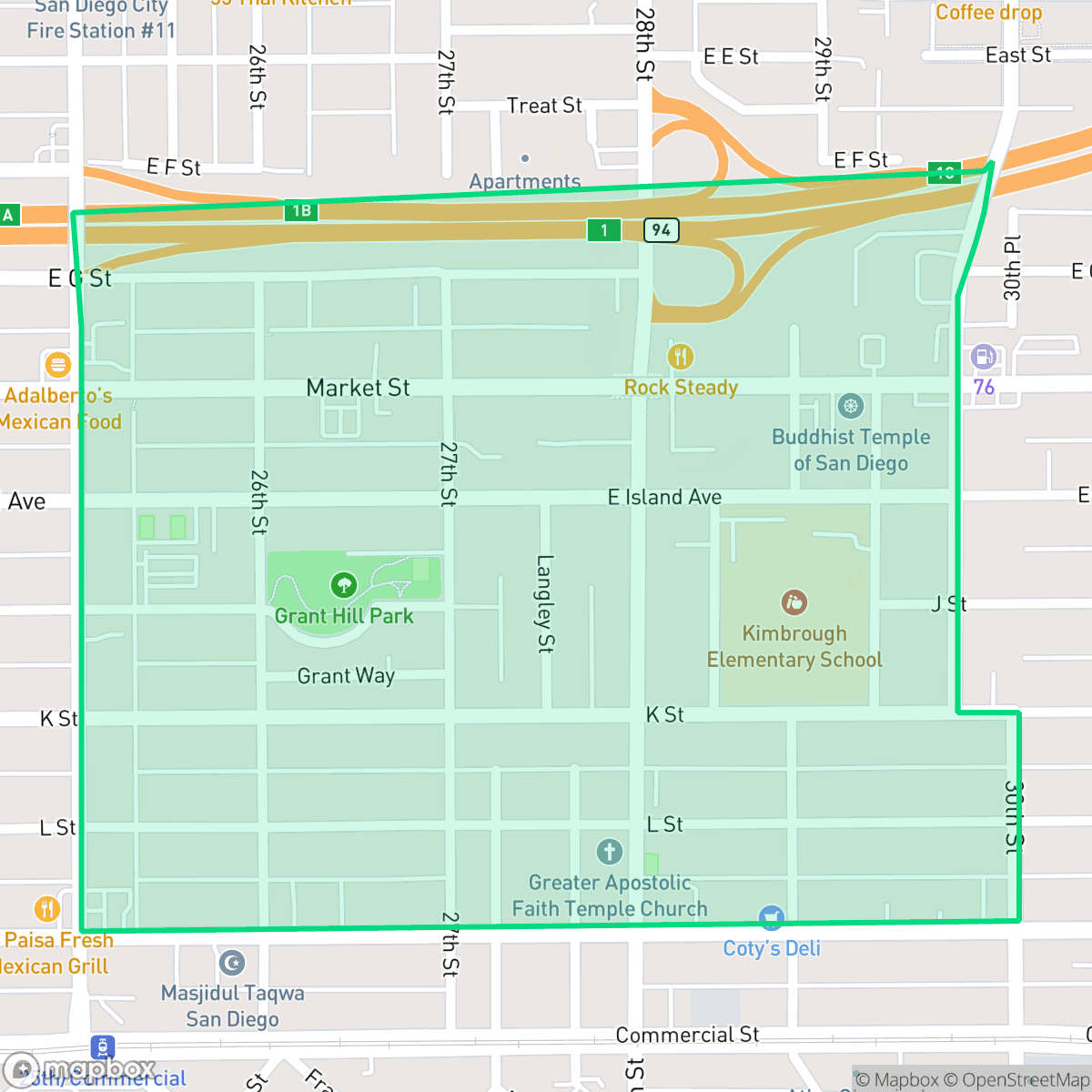 Map showing the location of Grant Hill, San Diego, CA