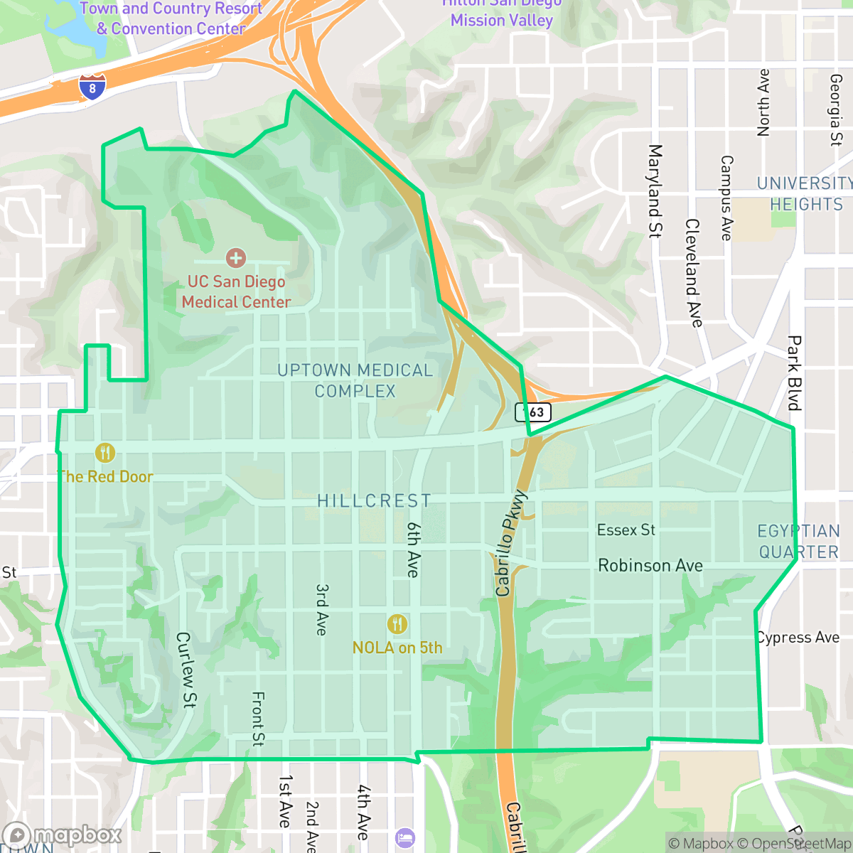 Map showing the location of Hillcrest, San Diego, CA