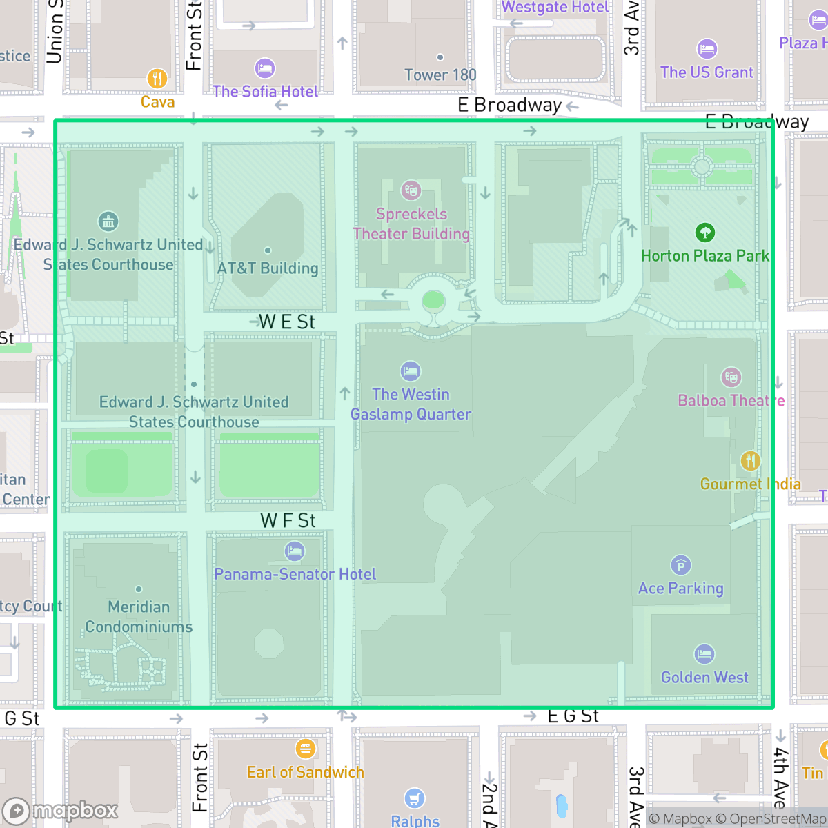 Map showing the location of Horton Plaza, San Diego, CA