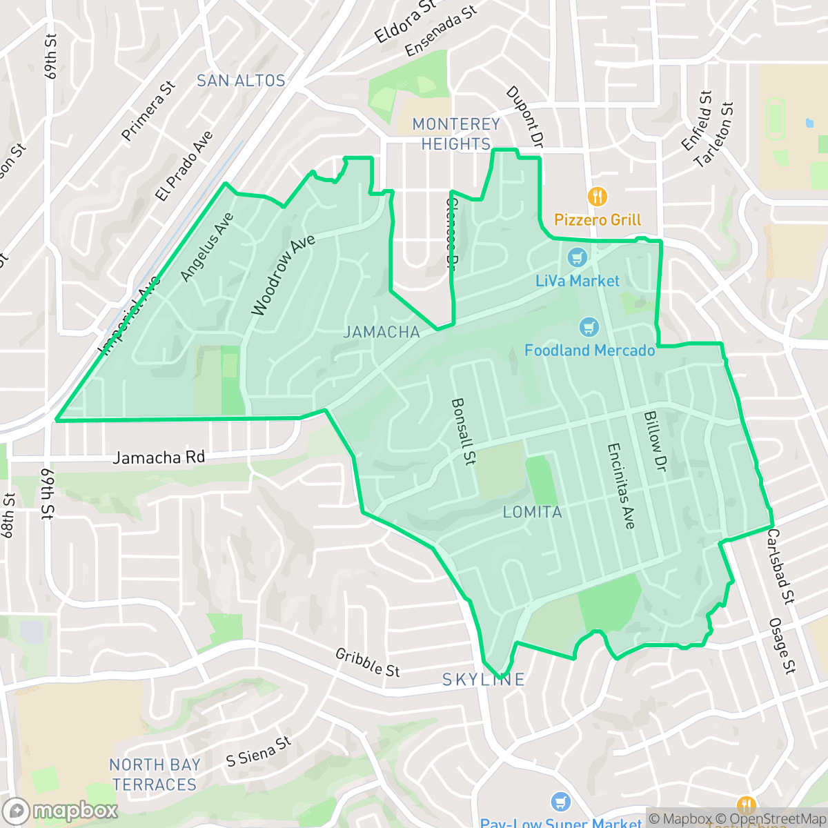 Map showing the location of Jomacha-Lomita, San Diego, CA