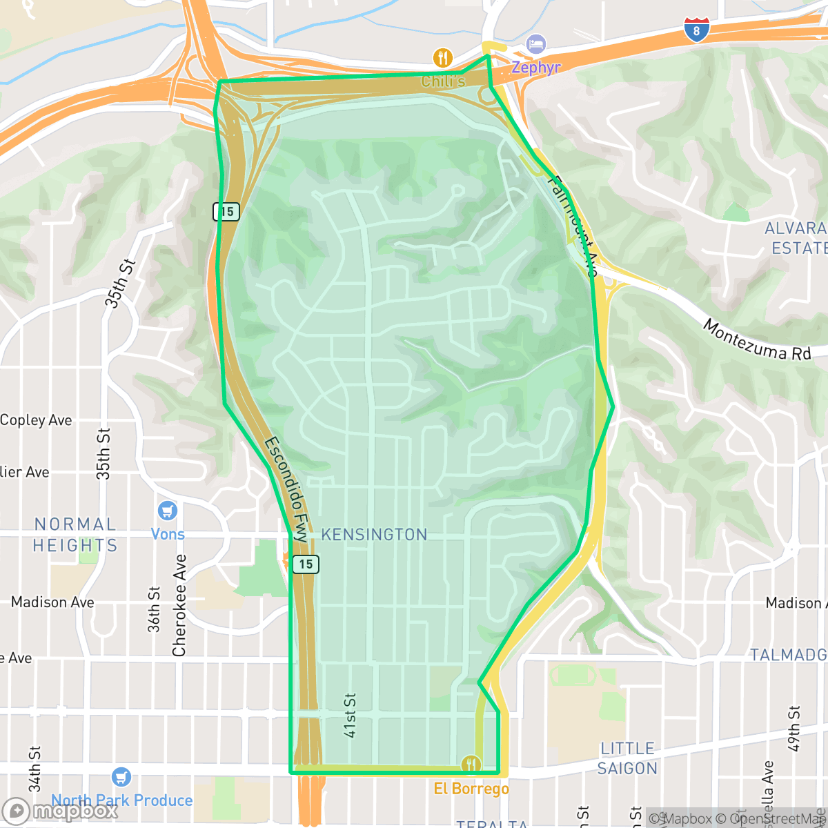 Map showing the location of Kensington, San Diego, CA