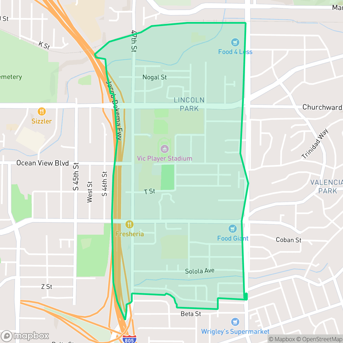Map showing the location of Lincoln Park, San Diego, CA