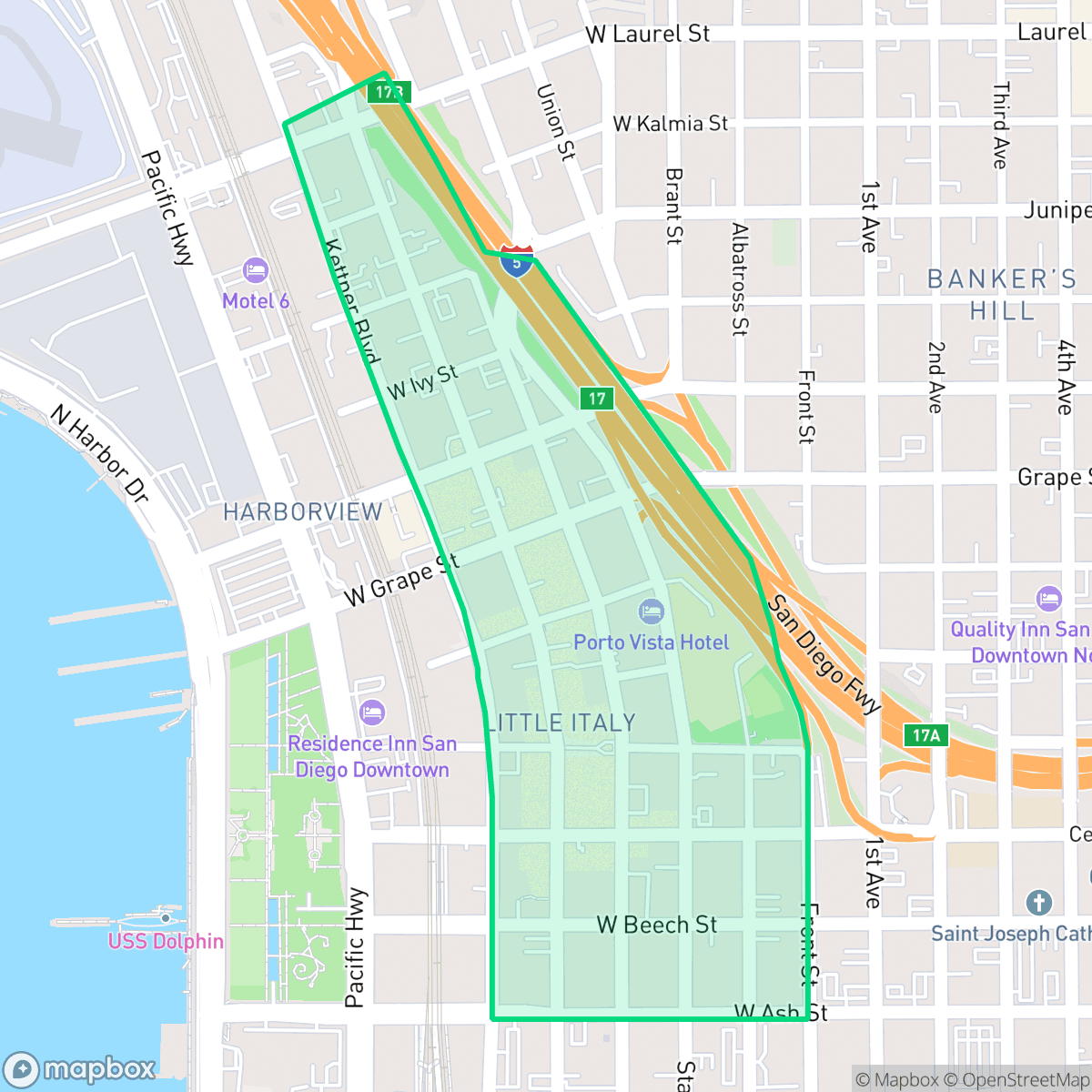 Map showing the location of Little Italy, San Diego, CA