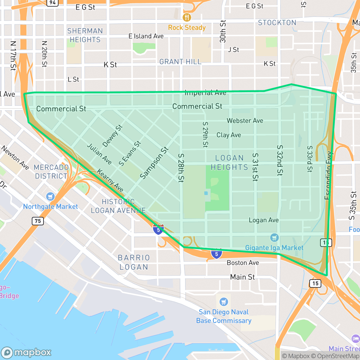Map showing the location of Logan Heights, San Diego, CA
